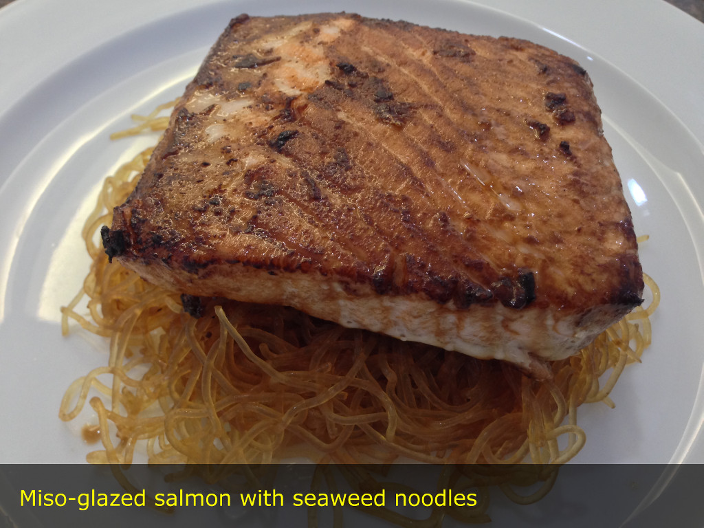 Miso-glazed salmon with seaweed noodles